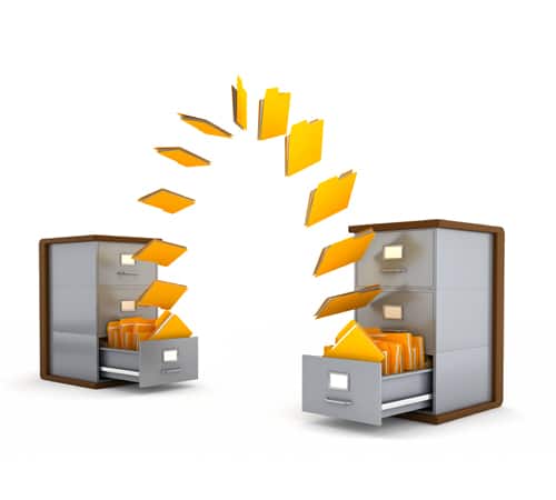 Bei der Dateifreigabe fliegen die Dateien von einem virtuellen Ort zum anderen - den virtuellen Ort symbolisiert ein Aktenschrank